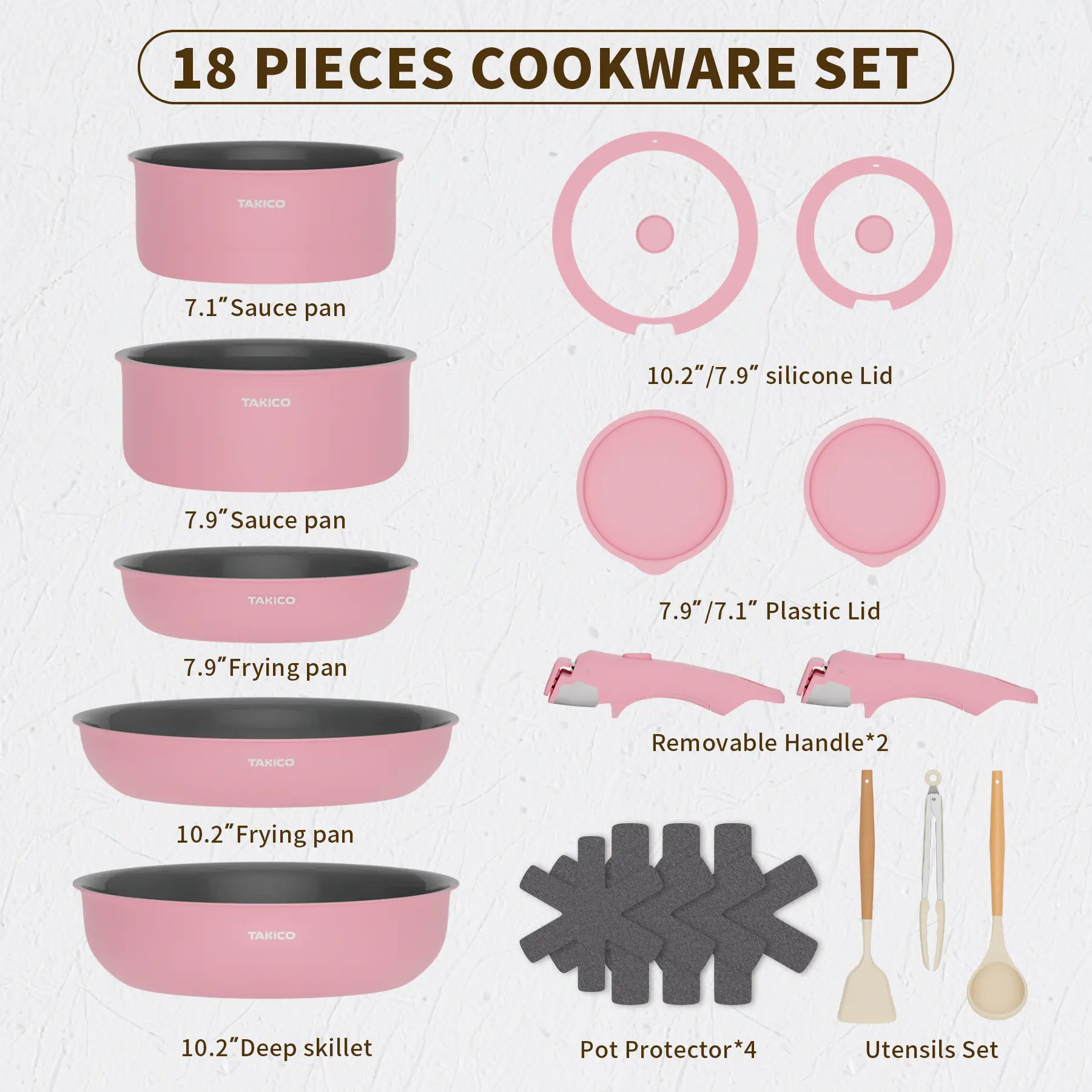 18pcs Ceramic Granite Cookware Set,Cookware Sets Detachable Anti-scald Handle, Nonstick Kitchen Cookware Oven/Dishwasher/Fridge Safe, Space Saving Pink