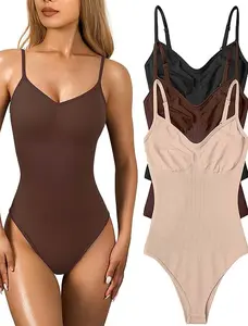Women's 3 Piece Bodysuits Sexy Ribbed Sleeveless Adjustable Spaghetti Strips Shapewear Tops Bodysuits