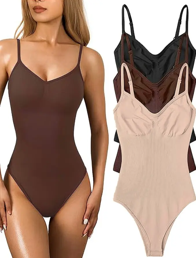 Women's 3 Piece Bodysuits Sexy Ribbed Sleeveless Adjustable Spaghetti Strips Shapewear Tops Bodysuits