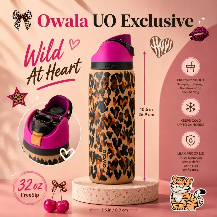 Owala Wild At Heart 32oz Water Bottle Owala FreeSip Leakproof Insulated Stainless Steel Leopard Print Travel Gift