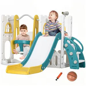 Qaba 6 in 1 Toddler Slide and Swing Set, Baby Slide with Basketball Hoop, Climber, Storage Space, Telescope, for Age 1-3 years Indoor outdoor Play