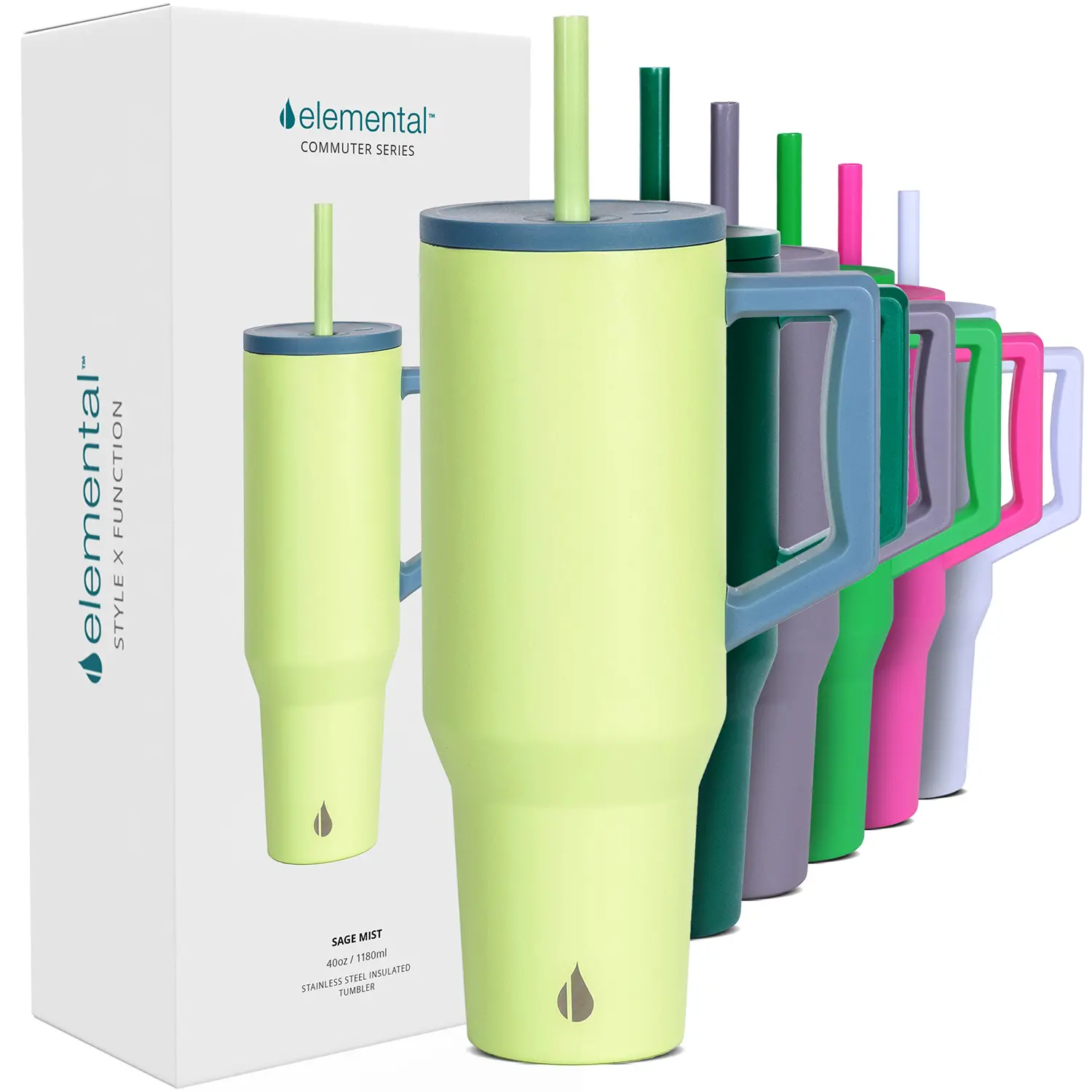 Elemental 40 oz Commuter Tumbler with Handle and Straw - Spill Proof Insulated Stainless Steel for Hot and Cold Beverages - Spill Proof Lid Bottled