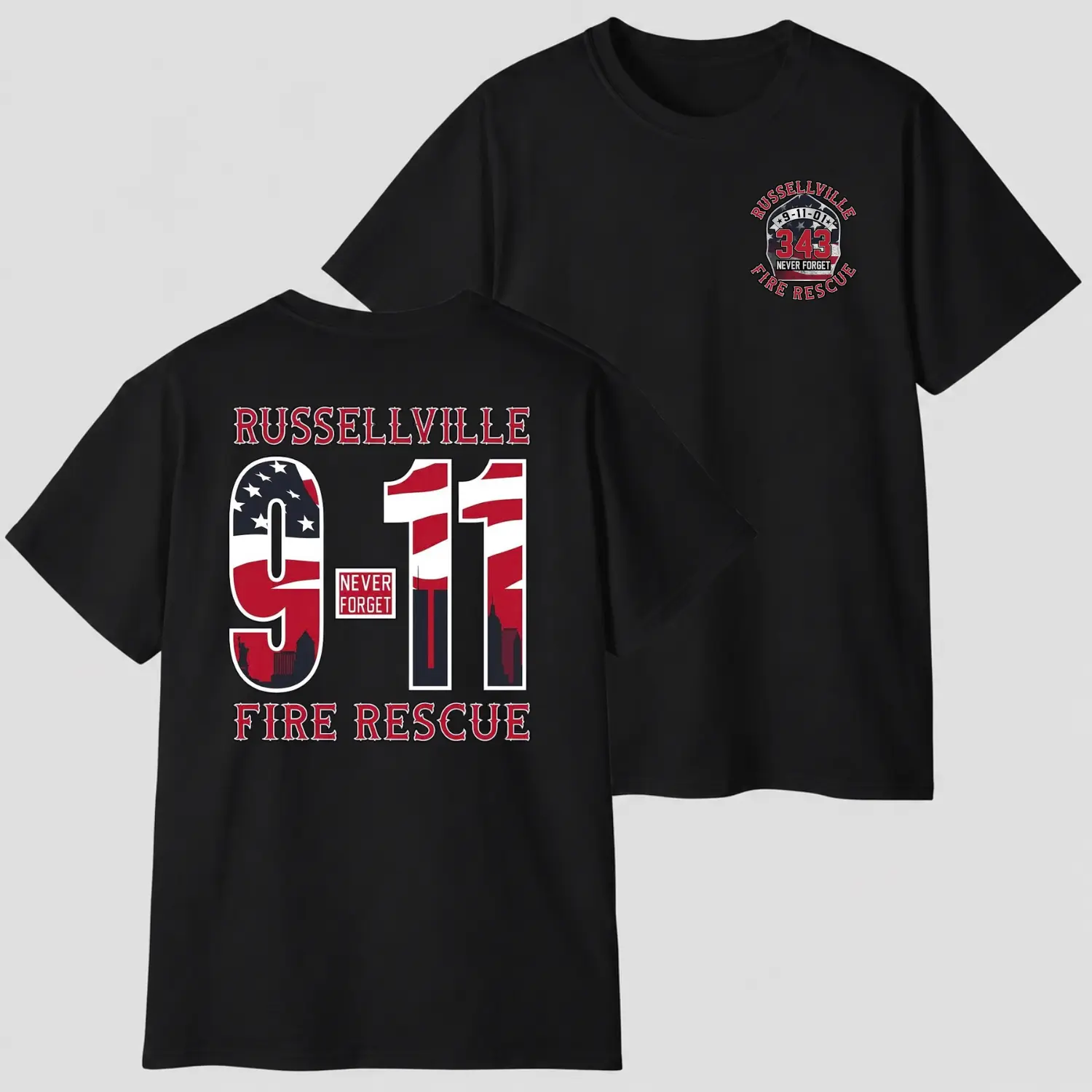 Women's 9/11 Memorial Graphic T-Shirt, Basic 100% Cotton Patriotic Short Sleeve Tee for Russellville Fire Rescue, Soft and Stretchy Fit