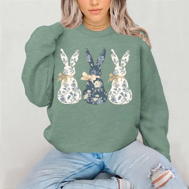 Blue Floral Bunnies Crewneck Sweatshirt Gildan Everyday Style Super Soft Unisex Fit Streetwear Graphic Top warm Womenswear Casual Printed Long Sleeve  spring religious Easter