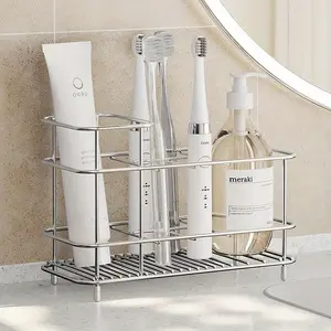 1PC Stainless Steel Toothbrush Holder with Multiple Compartments Bathroom Organizer Countertop Storage Rack No Drilling for Toothpaste Shampoo Cosmetics Durable and Stylish Bathroom Accessory