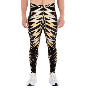 Kapow Meggings Borneo Brown and Yellow Jungle Print Men’s Leggings Breathable 4-Way Stretch for Gym, Yoga, Festival & Workout Activewear