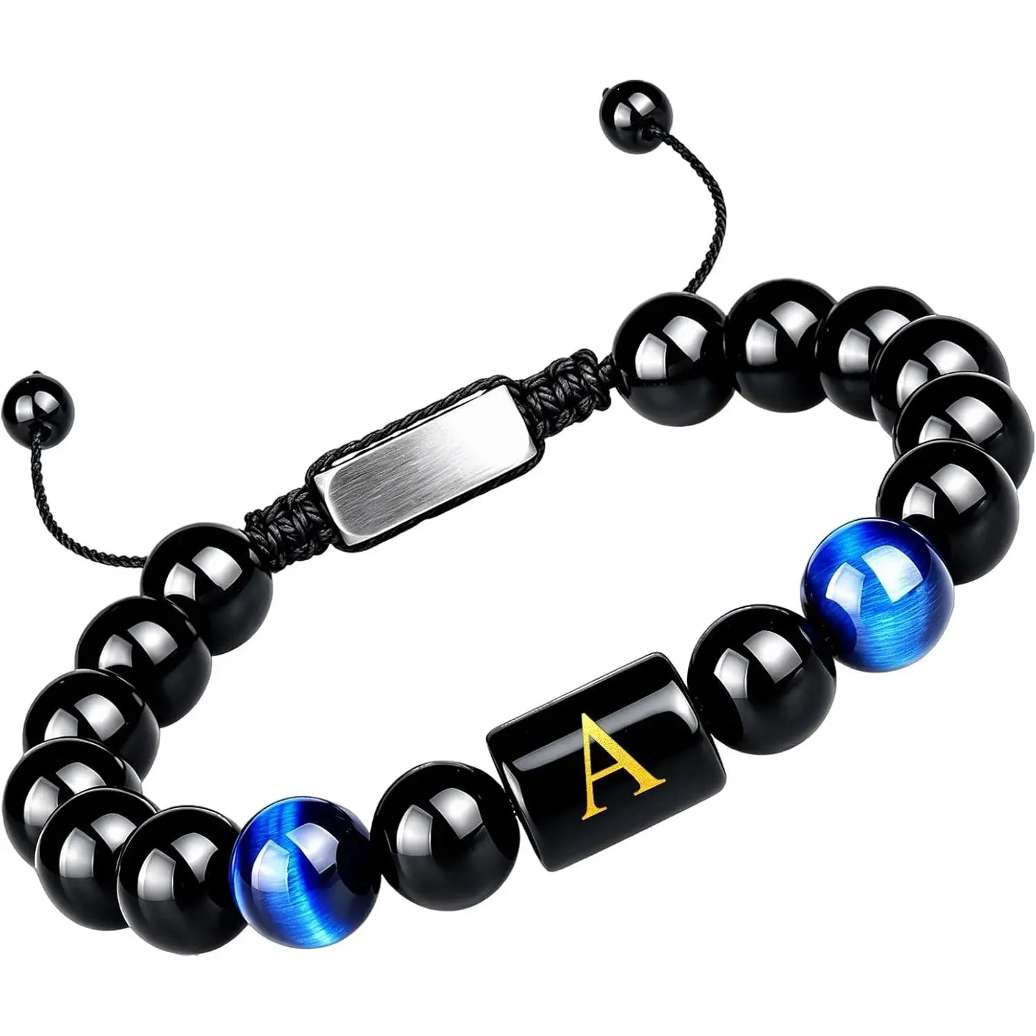 Men's ID Bracelet with A-Z Initial Charm, Handmade 10mm Natural Black Onyx & Tiger Eye Stone Beads, High Quality Waterproof Athletic Jewelry for Him, High Quality Bracelet, Beaded Bracelets