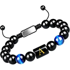 Men's Youth Initial Bracelet - A-Z Letter Charm, Handmade Natural Black Onyx Tiger Eye Stone Beads, Athletic Style, Meaningful Gift for Father's Day, Brothers, Thanksgiving, Birthday, Anniversary