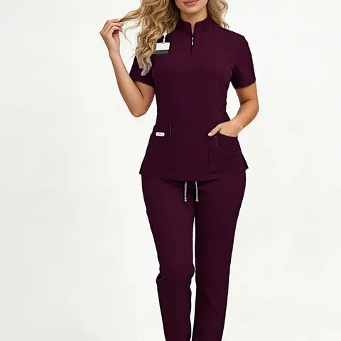 Ladies Healthcare Scrub Set with Short Sleeve, Multi-Pockets, Breathable Quick-Dry Wrinkle-Resistant Fabric, Casual Loose-Fitting Design for Home, Clinic and Hospital, Medical Scrub Sets