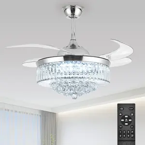 48 Inch Crystal Ceiling Fan with Light and Remote Modern Dimmable Fandelier Invisible Retractable Chandelier Fan Gold for Bedroom Living Room