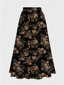Elegant Women's Long Skirt with Plant Floral Pattern, Digital Print, Fitted Natural Waist, Suitable for Daily Wear, All Seasons, Casual Streetwear Skirt