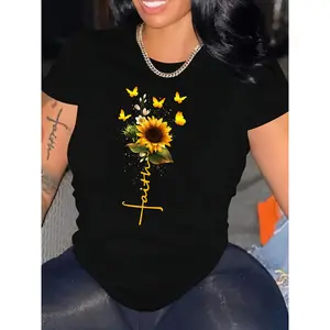 [100% Cotton] [Summer Sunflower Print T-Shirt] Faith Sunflower Print Summer T-Shirt, Versatile Short Sleeve Crew Neck Top, Women'S Clothing Golf Gift T-Shirt For Men And Women