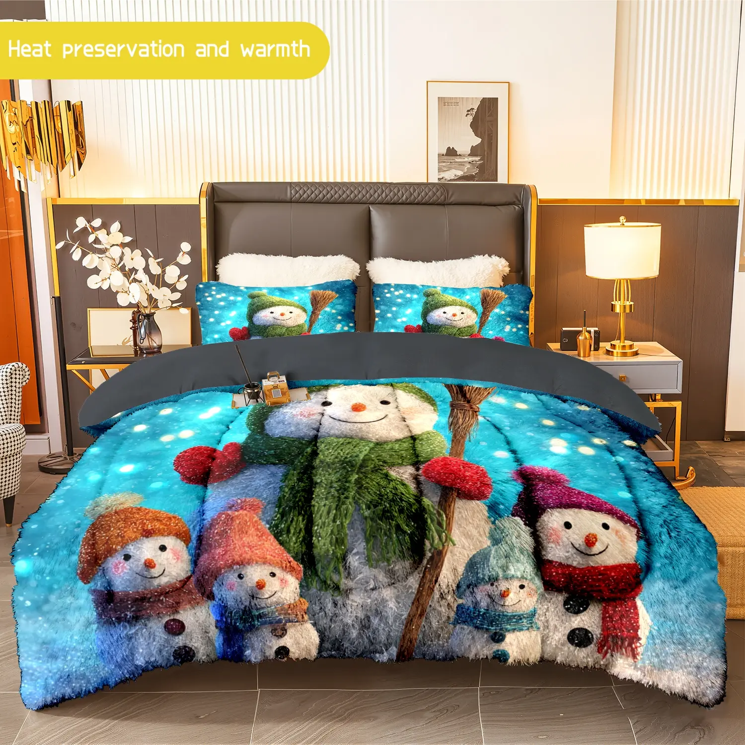 3pcs (1 comforter + 2 pillowcases) Snowman - themed Flannel & Milk Velvet Comforter Set, Ultra - Soft Warm Bedding Set for Adults, Cozy Plush Quilt Set, Trendy Winter Bedding Essentials