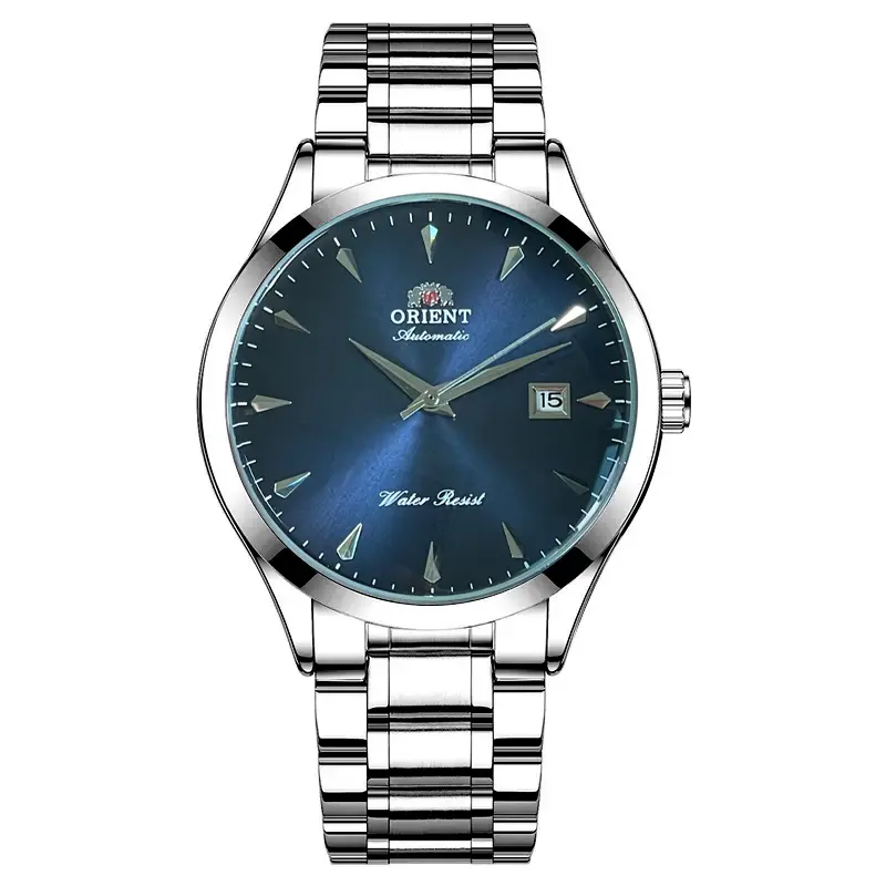 Men’s automatic mechanical watch, polished index marker dial, 3 o’clock date display, stainless steel bracelet, synthetic leather strap, business-casual wristwatch, multiple color options