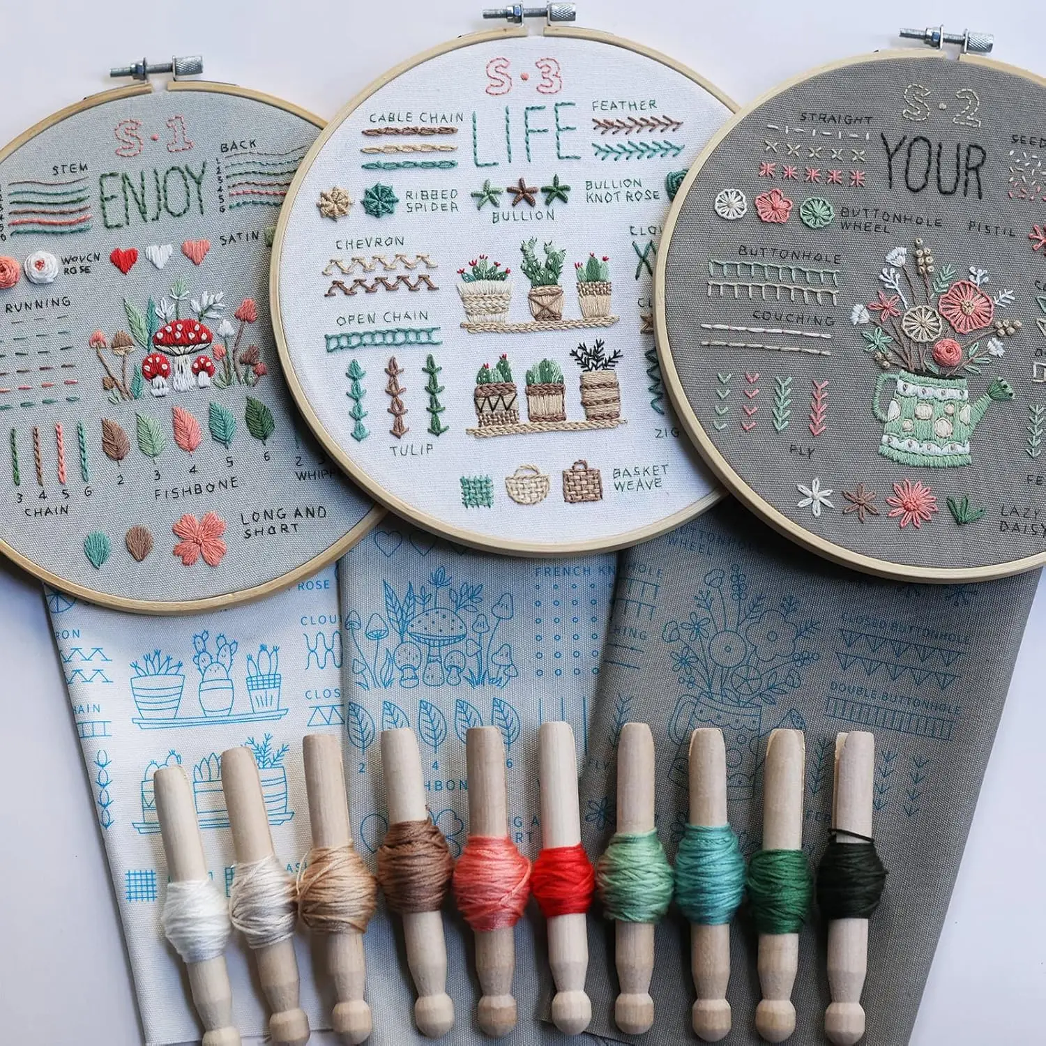 Beginner-Friendly Embroidery Kit 3pcs - Includes Floral Patterns, Hoops, Colorful Thread, Tools & Easy Instructions