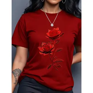 Women's Polyester Round Neck Red Rose Printed Knit Pullover - Lady's Stretchy Short Sleeve Casual Sports Top, Medium Elasticity, Ideal for Valentine's Day & Everyday Casual Clothes