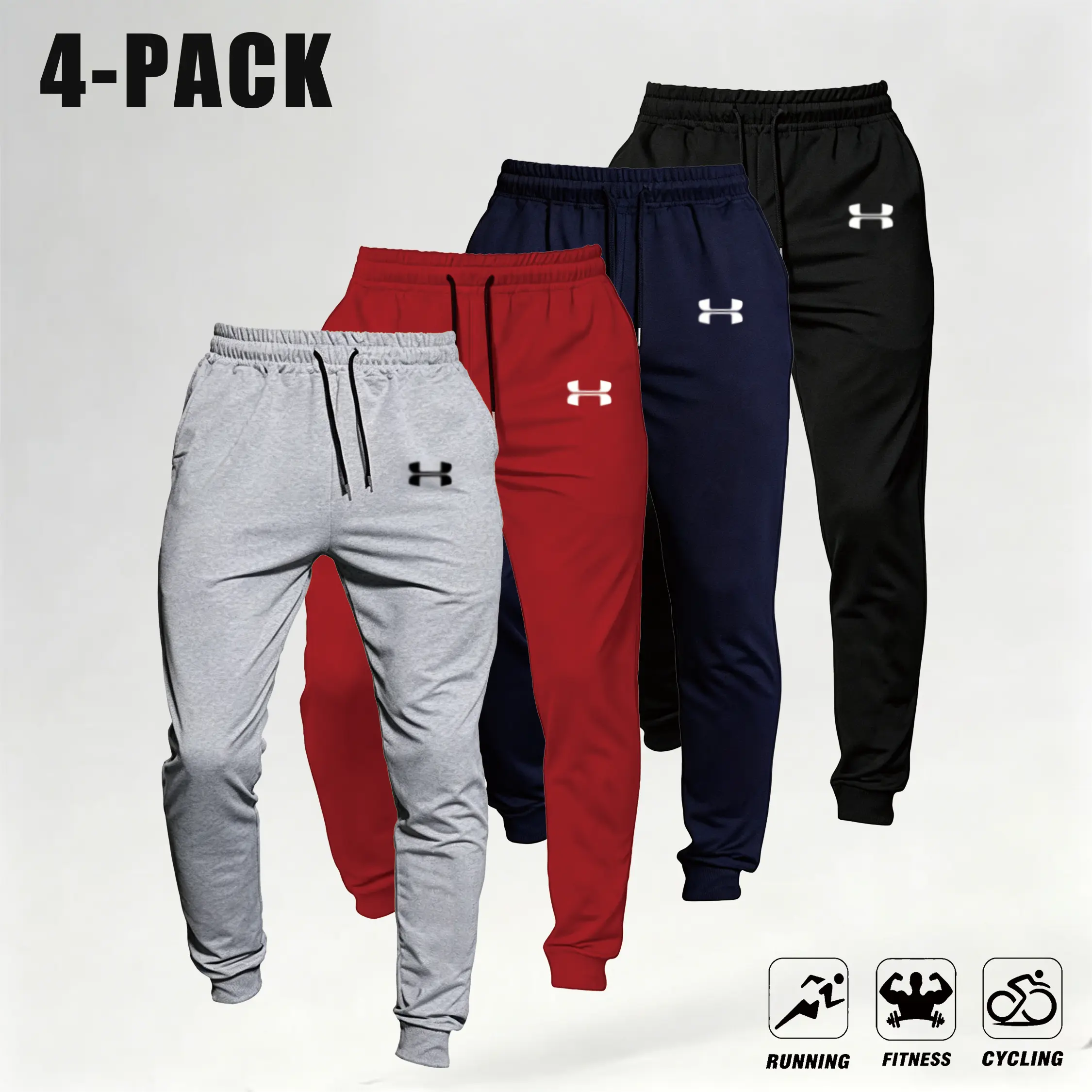 Men’s 4-Pack Casual Loose Joggers — Comfortable Fitness Long Pants with Pockets, Retro Street Style Sportswear, Soft Knit Stretch Fabric, Autumn Workout Base Layer, Barbell Print, Everyday Men’s Sweatpants