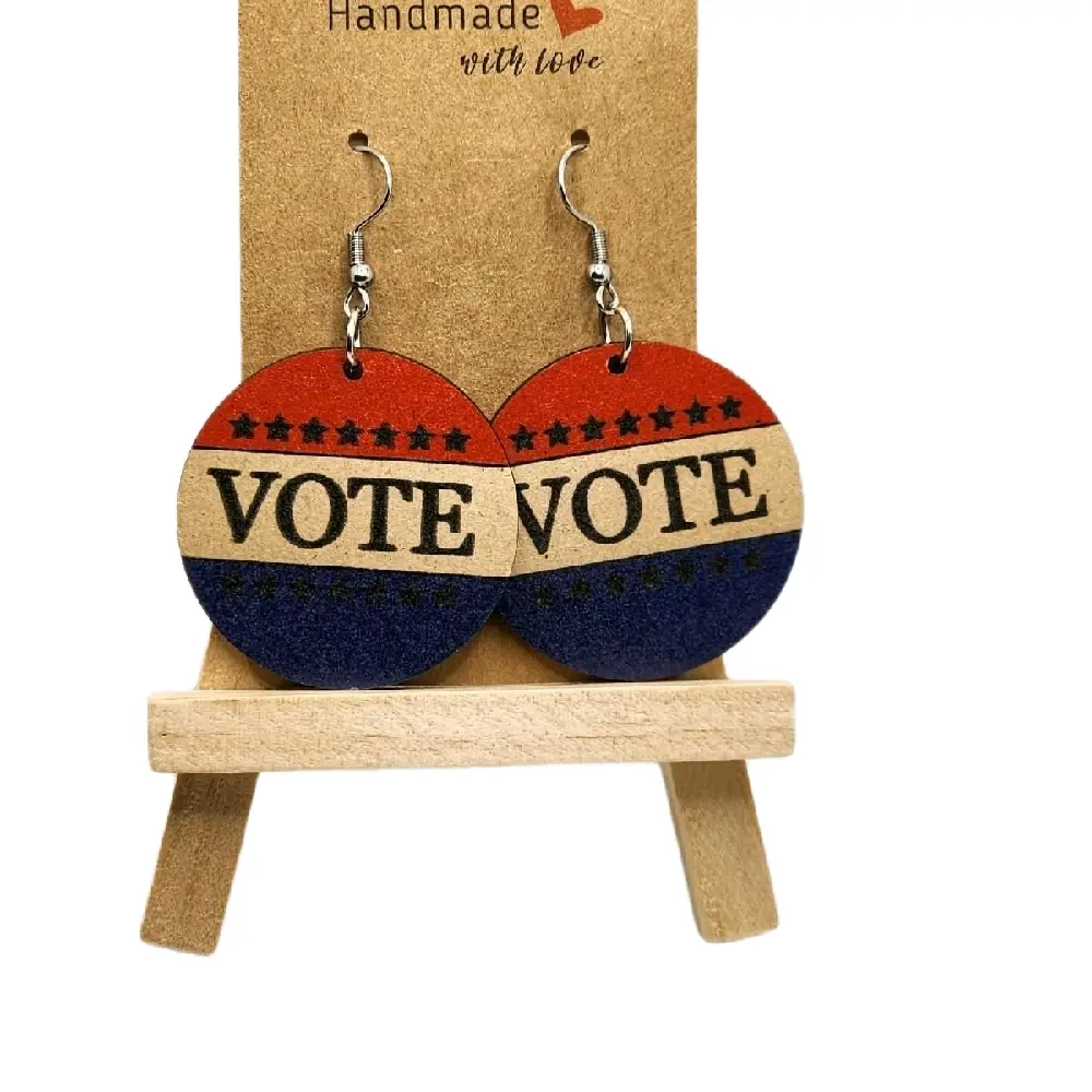 Handmade Craftsmanship Hook Earrings - Unisex Wooden Statement Earrings with "Vote" Inscription, Lightweight Wear, Durable for Voting & Election Season Democratic Support, Choking Hazard Is A Small Ball