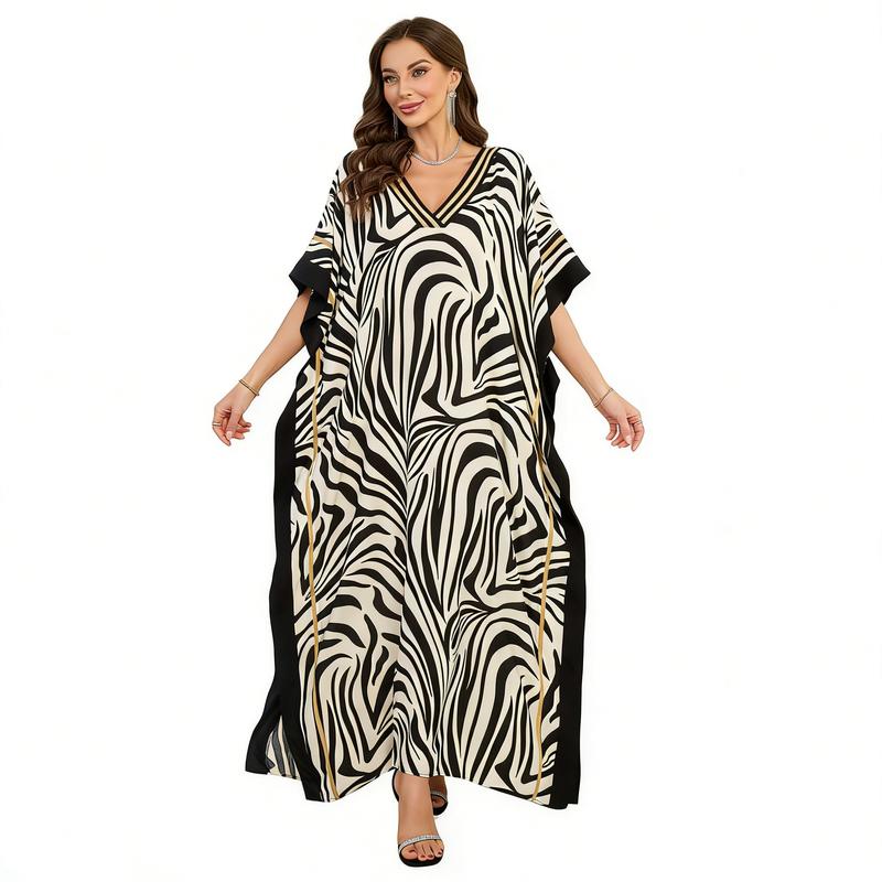 Women's Plus Size Baggy Oversized Boho Ethnic Giraffe Print Rayon Kaftan Mumu Dress - Deep V-Neck, Batwing Sleeves, Side Slits, 54 in Long Length, All Seasons, Casual Wear, Beach Cover Up, Hand Wash Only, S to 2XL