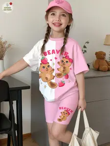 New 2-piece girls' short-sleeve T-shirt and shorts set, perfect for girls' outfits; printed short-sleeve T-shirt and shorts set; girls' short-sleeve swimwear; ideal for summer, back-to-school season, fall, and back-to-school events