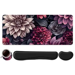 4pcs Dark Toned Floral Design Mouse Pad + Keyboard Wrist Rest + Ergonomic Mouse Pad + Coaster Set For Desktop Decoration, Desktop Accessory, Office Accessories Set Ergonomic Wrist Support, Computer Mat Mouse Pad Coaster Mousepad For Home Office Gaming