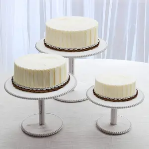 Set of 3 Wooden Pedestal Cake Stands 8", 10", 12" Whitewash with Round Beaded Rim Trays - Stackable Rustic Cupcake Display
