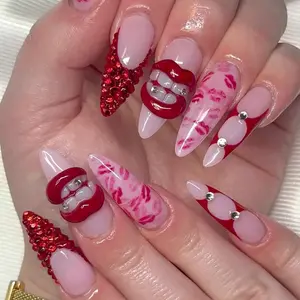 J38 Nailed by Vibe -Red Kiss Lips Press-On Nails, Nude Pink Base with 3D Lip Art, Kiss Print Details and Rhinestones, Bold Romantic Valentine Nails, Handmade Press-On Nails