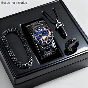 4PCS Luxury Men's Quartz Watch Jewelry Set Fashion Decorative Three-Eye Dial Men Business Watches Reloj Hombre（Without Box）