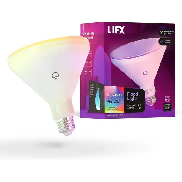 LIFX Smart Flood Light Bulb PAR38 E26 (1 Pack), Color Changing RGB + Warm White 1600 Lumens 150W Equivalent Tunable LED, 90+ CRI, Matter Compatible, Apple HomeKit, Alexa & Google Home Dimmable | Compatible with Alexa, Apple Homekit, Google, WiFi 2.4GHz