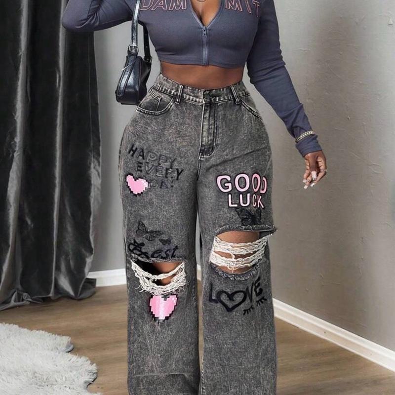 Slaydiva Women's Plus Size Grey Denim Extra Long Jeans With Ripped Knees And Graphic Prints Western Wear Women