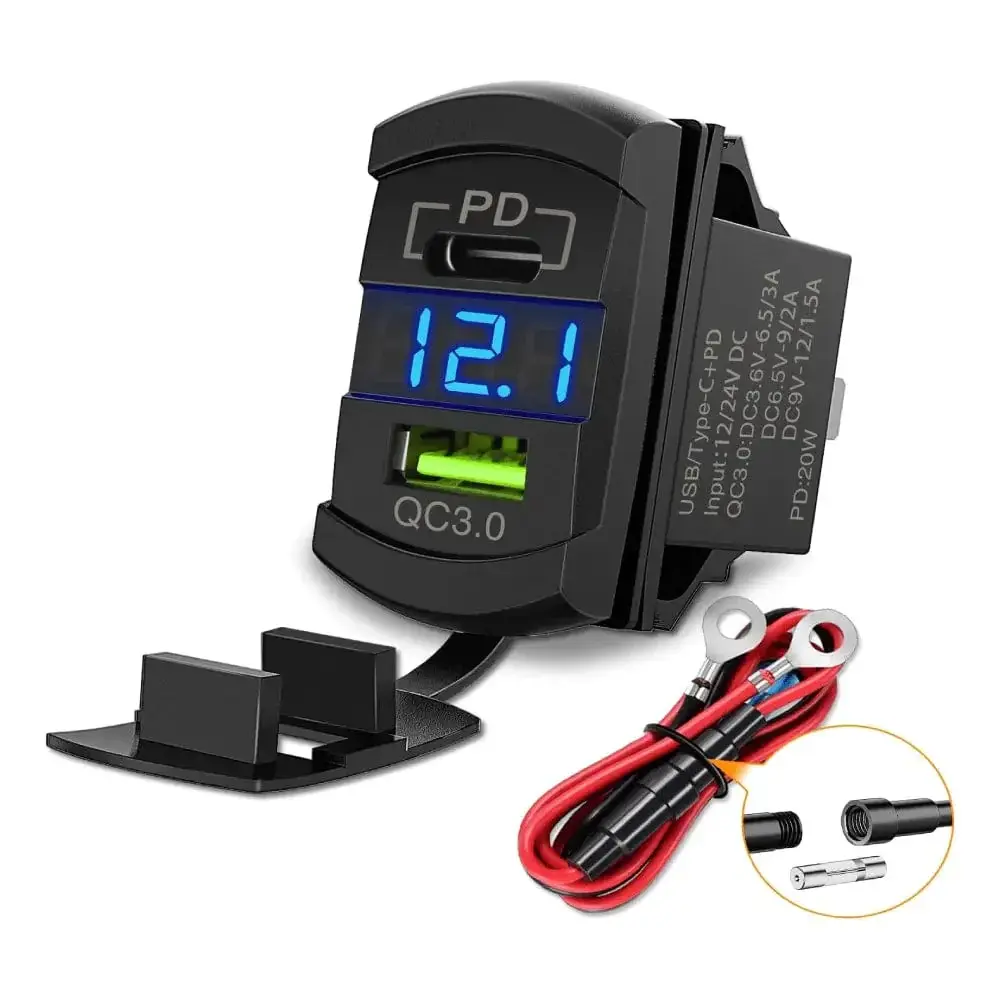 Blue Rocker Switch Car Charger Adapter - PD C-Type, QC 3.0 USB, Dual Outlet Fast Charger, Car-Mounted Electronic Socket for Smartphones with Device Protection, Fast Chargers