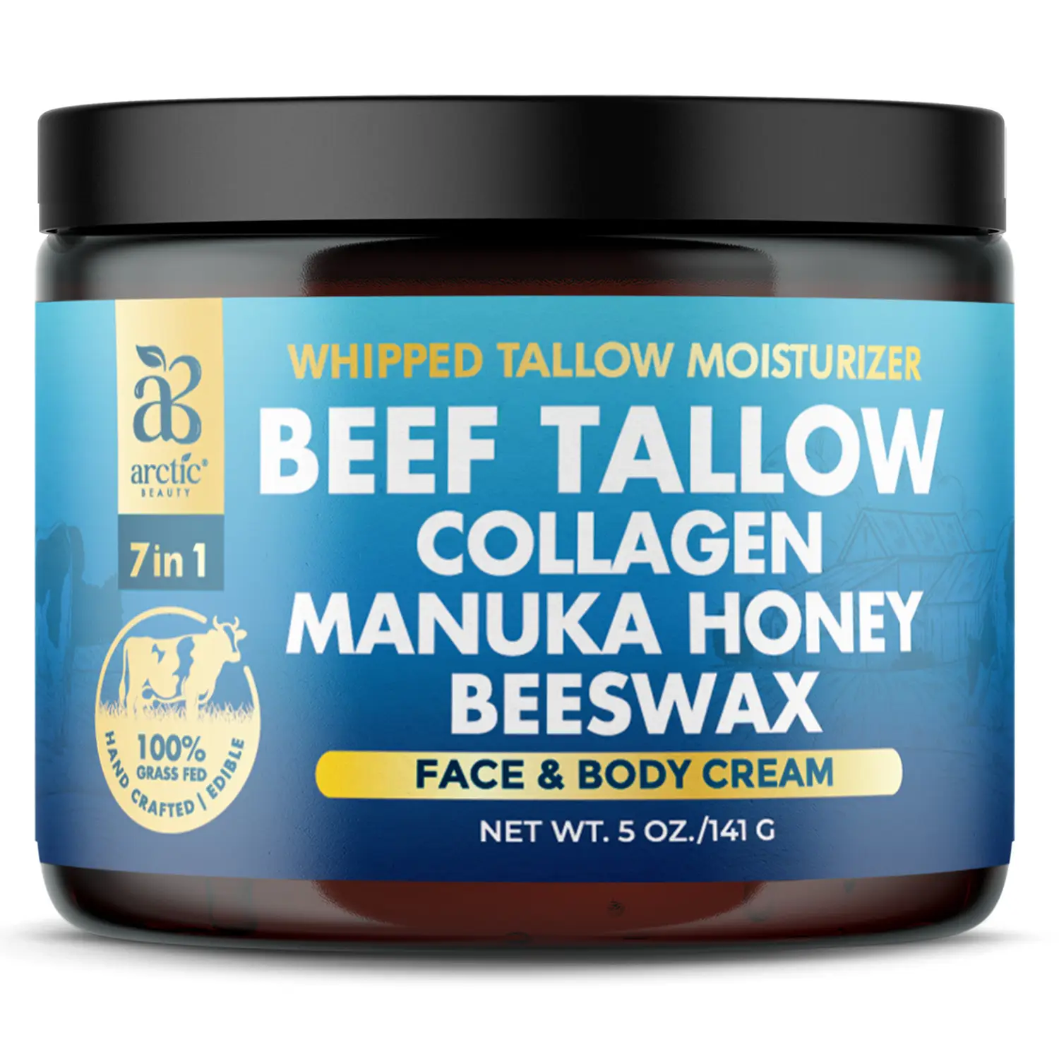 Arctic Beauty Beef Tallow, Collagen, Manuka Honey, & Beeswax - 7 in 1 Natural Face & Body Moisturizing Cream - For Skincare, Elasticity, & Radiance -