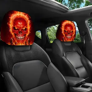 2pcs Red Fire Skull City Car Headrest Covers, Car Interior Accessory, Car Accessories, Universal Fit for All Seasons, Perfect for Long Trips & Daily Commutes, Halloween & Christmas Decorations 2.09LYY-3