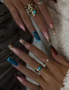 Aura Nails - Blue Gemstone Press On Nails - Handmade Gel Nails In Long Square - Glue On Nails - False Nails - Birthday Holiday Date Night Nails - Gift for Her