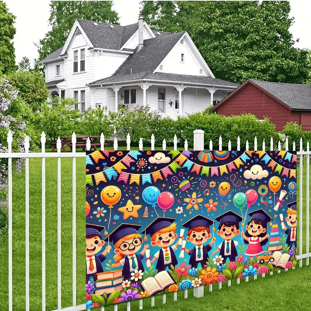 1pc 2D Flat Graduation Celebration Party Backdrop Banner - Vibrant Polyester Cheerful Students, Balloons and Flowers Wall Decor - Multi-Use Decor for Living Room, Outdoor Spaces