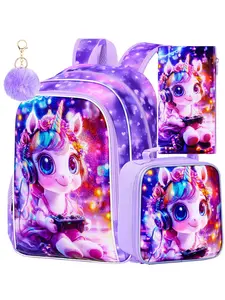 Girls' Gaming Unicorn Backpack Set, Galaxy Heart Design, Includes Insulated Lunch Box & Pencil Case, Perfect for School Use