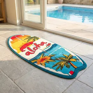 1pc 100% Polyester Fiber Sheepskin-Like Rug, Hawaii Coastal Style, Vintage Surfboard Design, Non-Slip Absorbent, Easy Clean, Perfect Gift