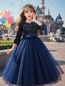 Girls' Christmas Party Dress, Elegant Sequined Evening Gown, Long Sleeve Bow Front Mesh Skirt, Perfect for Birthdays & Celebrations
