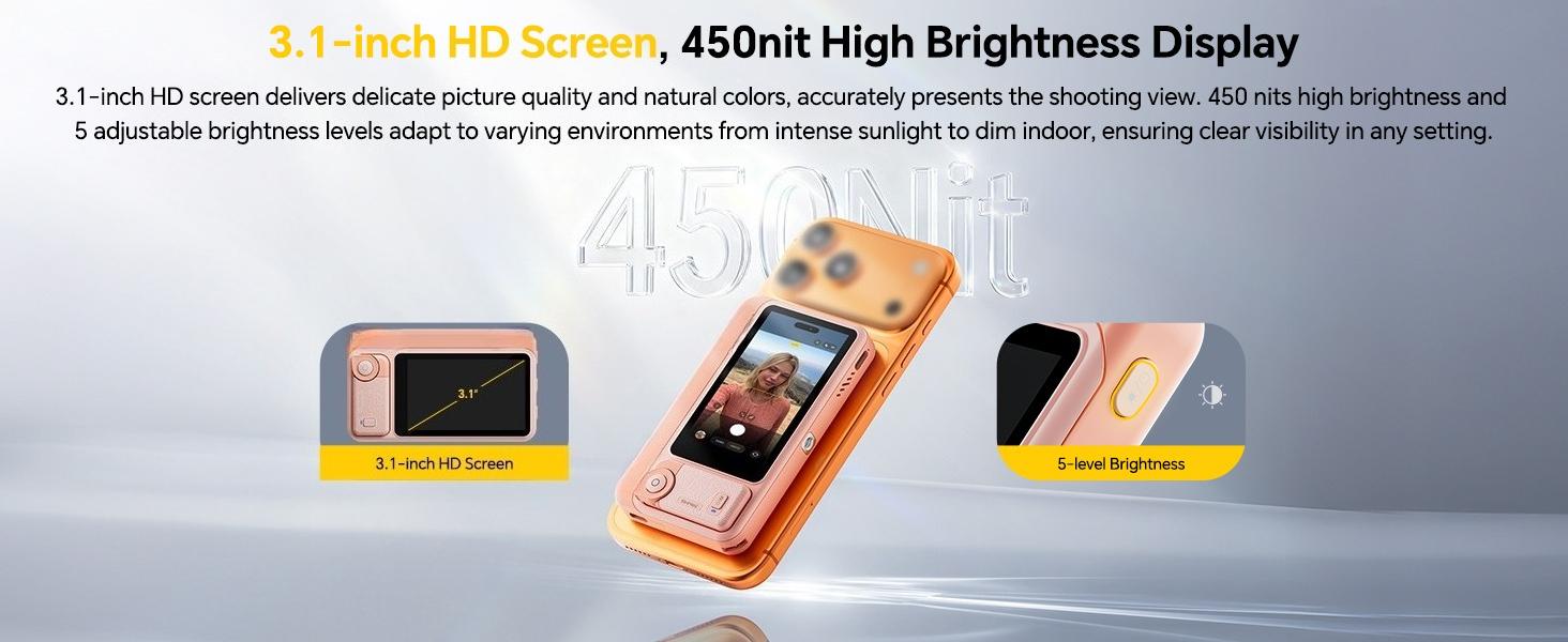 Wireless Selfie Monitor Screen for Android/iPhone17/16, Magnetic Back Camera Monitor with 4K/60fps, 5H Battery, 164FT Range, Built-in Speaker, Vlog Monitor for YouTube TikTok