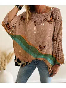 Spring/Summer style, boat neck, diamond hollow out, batwing drop shoulders, loose fit, color-block leopard print, butterfly & wave print patchwork, long-sleeve women's knit top, vacation style, casual elegant commute, ladies' vest cover-up, bikini cover-u