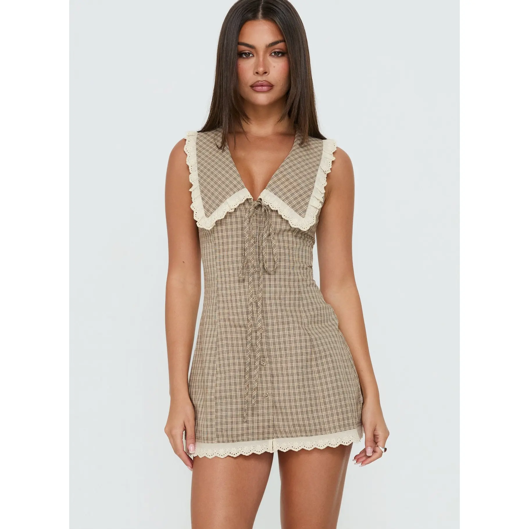 Mayci Collared Lace Trim Romper Brown Check