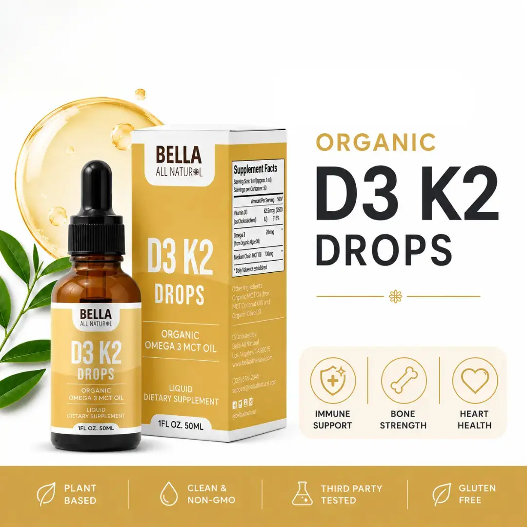 Bella All Natural Vitamin D3 + K2 Drops with Organic Omega-3 MCT Oil, Daily Health Nutritional Supplement, 50ml