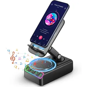 Adjustable Cell Phone Stand with  Induction  Speaker,  Surround Sound & RGB Rhythm Lights, Foldable Portable Stand for Desk, Kitchen Counter,  Office,  for Men Women Dad Mom