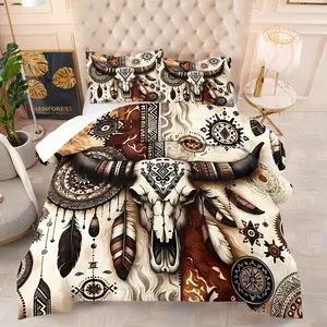 2/3 Piece Western Country and Bohemian Style Fusion Bedding Set, Original Tribe Bullhead Bone Feather Pattern Comforter Set, Suitable for Bedroom Decoration Soft and Comfortable, Includes 1 Quilt and 1/2 Pillowcase