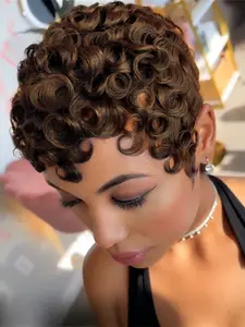 Women's Short Pixie Wig, Human Hair Full Machine Made Wig, Curly Human Hair Wig, Stylish and Natural Look