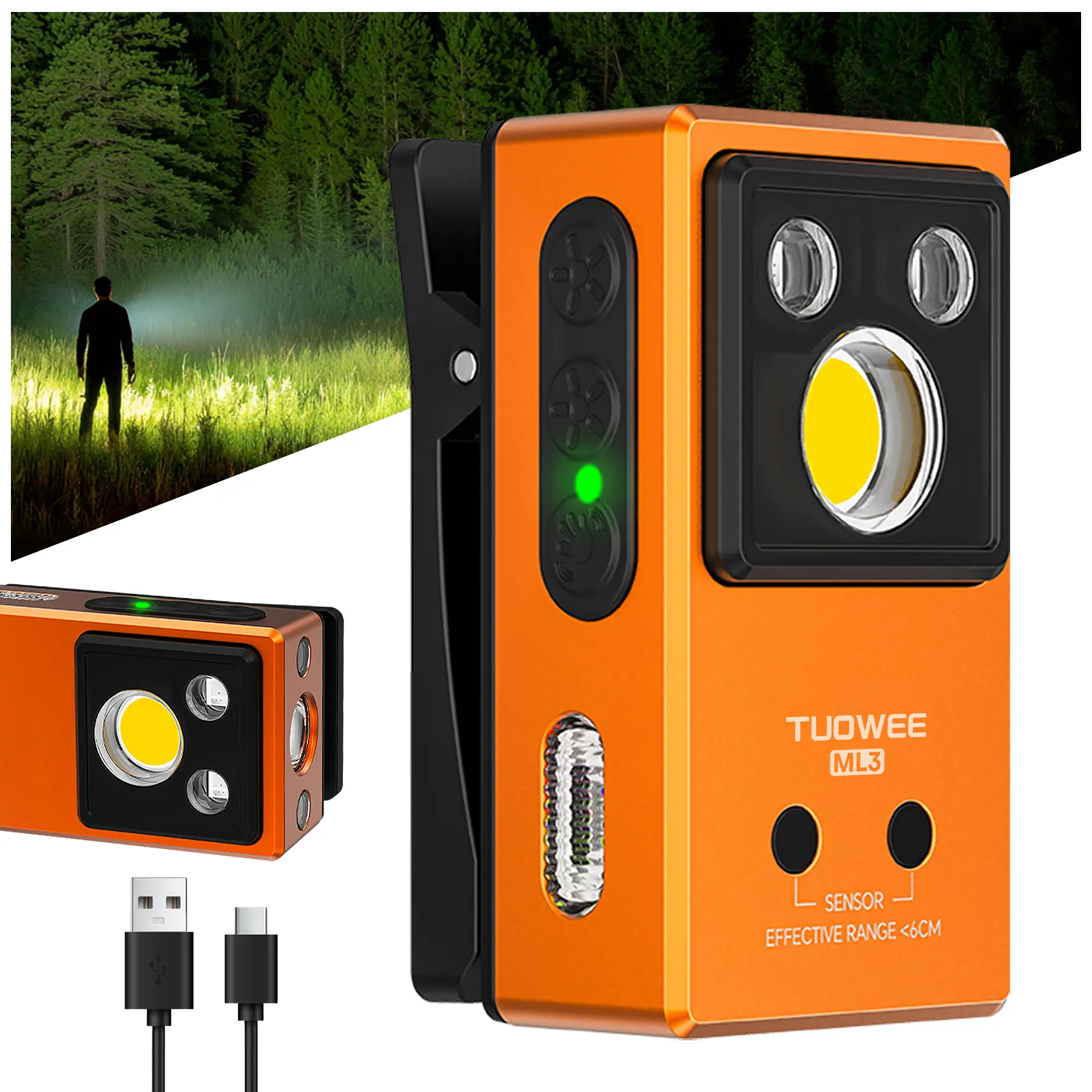 TUOWEE ML3 Pocket EDC Clip-on Flashlight, RGB, UV, USB-C Charging, Flash Modes, Magnetic Clip, Inspection, Signaling, Work, Outdoor Use