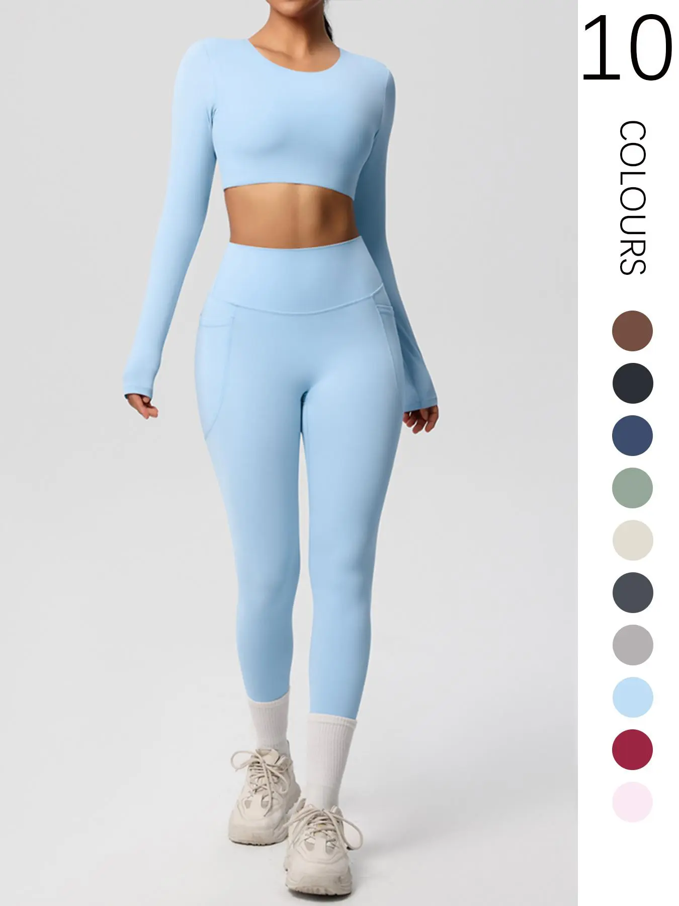 Women's Solid Color Long Sleeve Round Neck Crop Top & Side Pocket High Waist Sports Leggings Tracksuit Set, High Stretch Breathable Sweat-Absorbing Gym Workout Outfits, Workout Gym Clothing, Tummy Control Butt Lifting Sportswear for Indoor Wear