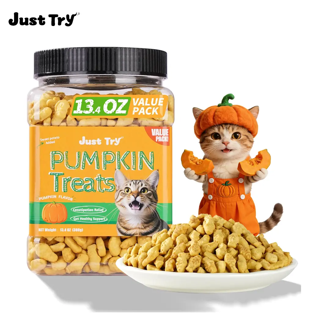 Just Try 13.4 OZ Pumpkin Cat Treats Cat Constipation Relief Hairball Control Healthy Salmon Snacks Training Biscuits Treats for Digestive Support Low Calorie Kitten Snacks