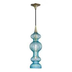 Pomfret Pendant Light With Ribbed Spindle Blown Glass In Blue, Bronze, And Clear Finishes