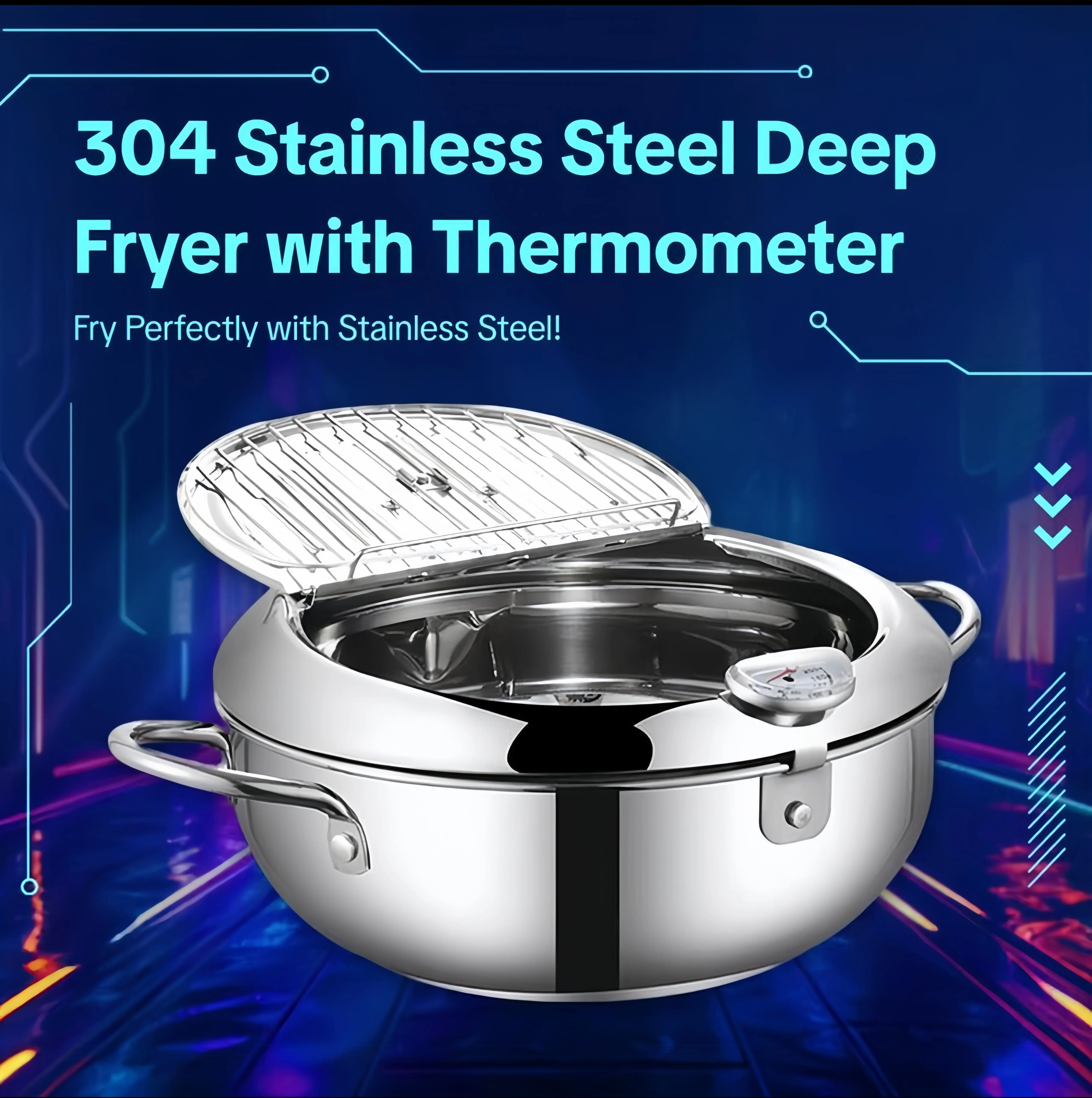Stainless Steel 8-in-1 Fry Pan - Kitchen Cookware with 5 Free Silicone Accessories, Oil Rack for Busy Families, Home Cooks, Meal Preppers (Ideal for Oil-Based Everyday Meals, Fried Chicken), Baking
